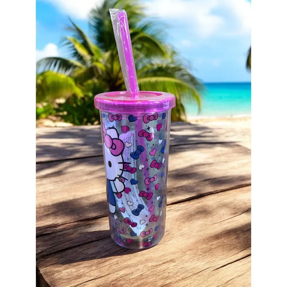 Hello Kitty Cup‎ Tumbler Pink & Blue Bows Hearts Pink Straw NEW Blue outfit